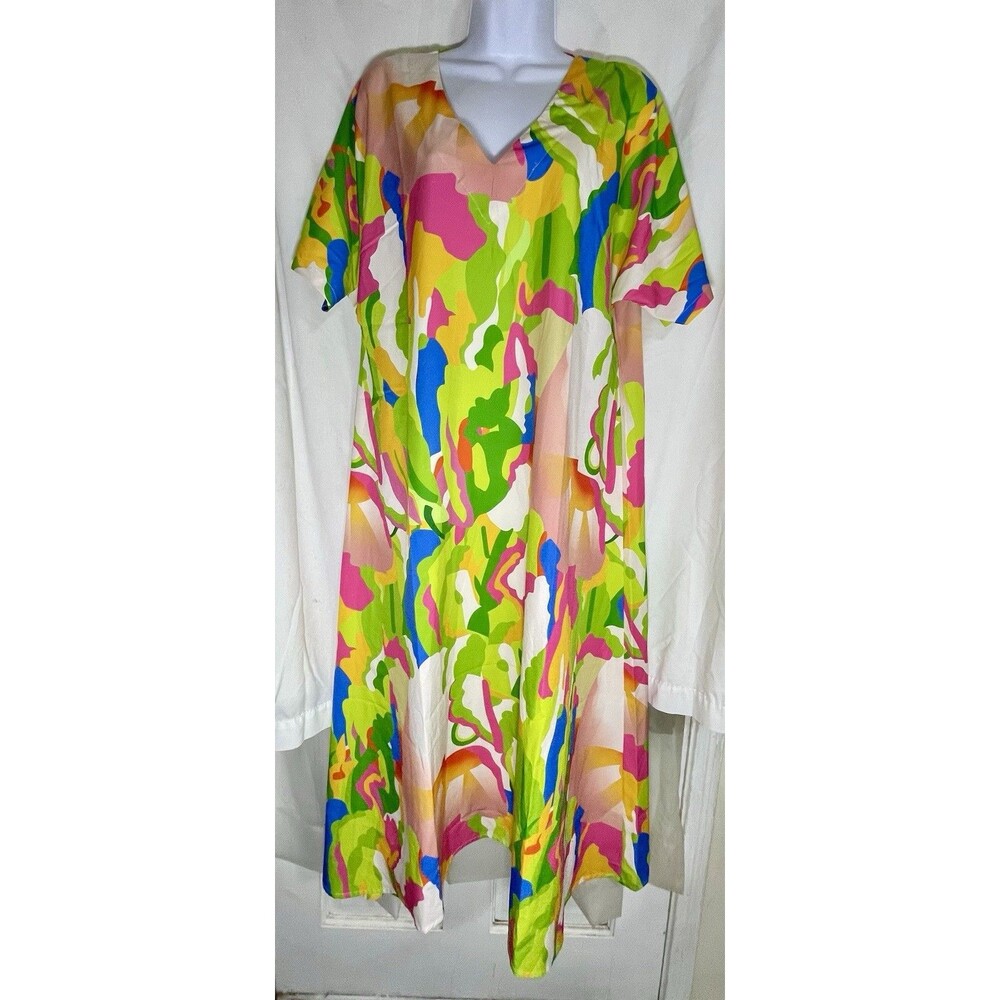 Vibrant Abstract Floral Kaftan Dress - Colorful Psychedelic Print Maxi One Size